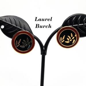 Vintage Laurel Burch Bamboo Post Earrings, Gold Plated, Black Brown Enamel, 1980